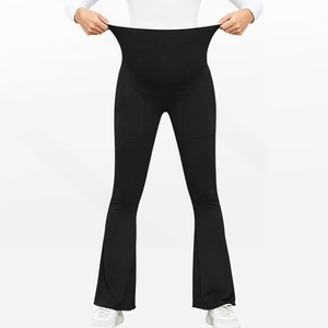 Front view of high waist maternity flare leggings showing ultra-high elasticity and belly support