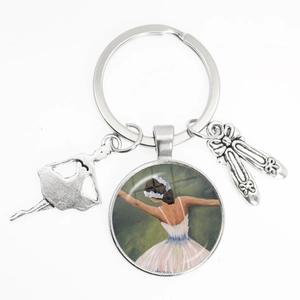 Silver ballet dancer keychain with glass cabochon featuring oil painting art pendant