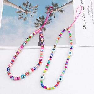 Evil Eye Phone Strap Beaded Lanyard Handmade Polymer Clay Glass Beads Anti-Lost Candy Colored Bohemian For Women