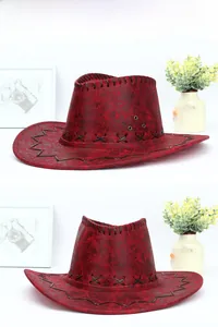 Detail of vintage red crackle faux leather cowboy hat with bold black stitch accents