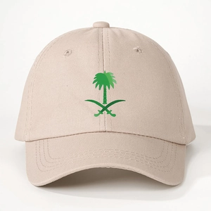Beige baseball cap featuring a green palm tree and crossed swords emblem print