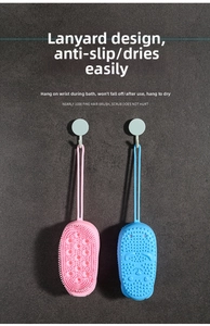Detail of pink and blue silicone bath brushes with fine bristles and hanging cords