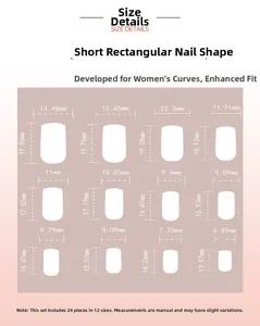 Detailed size chart for short square press-on nails with 12 sizes and 24 pieces in total