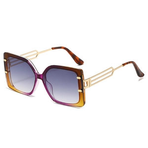 Fashionable oversized square sunglasses with purple yellow gradient frames and gold metal temples