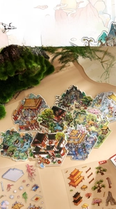 Detail of Mythical series stickers featuring traditional Chinese architecture on warm background