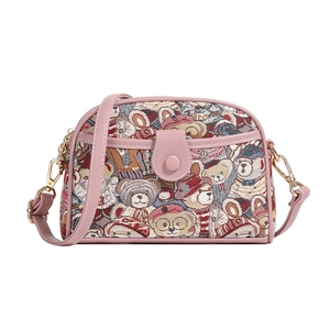 Pink canvas half-moon crossbody bag with bear embroidery and adjustable strap