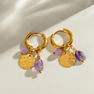 Créoles Acier Inoxydable Pierre Naturelle Violette Disque Martelée Bijoux Géométriques Vintage Hypoallergéniques Femmes