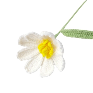 Handmade crochet daisy flower in white and red with green stem for gift bouquets