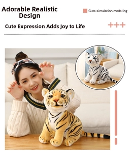 Detailed view of plush tiger dolls in realistic orange and white stripes for home decor