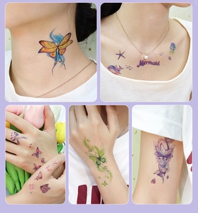Collage showing waterproof butterfly and mermaid temporary tattoos on neck and arms