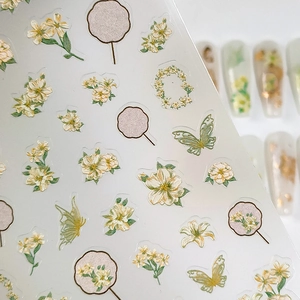 5D stereoscopic nail art stickers featuring yellow flowers and butterflies design