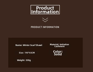 Detailed technical specs for cashmere-like winter scarf measuring 190x65cm and 330g weight