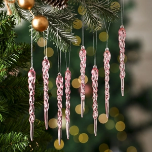 Pink spiral icicle Christmas tree ornaments set with transparent texture and bokeh lights