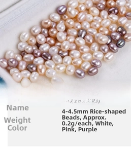 Macro view of 4-4.5mm rice-shaped freshwater pearls in white, pink and purple hues
