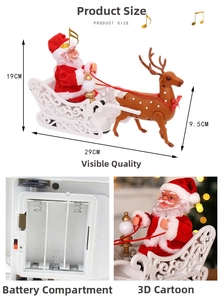 Detail view of electric Santa Claus on reindeer sleigh with 29cm size specs and battery slot