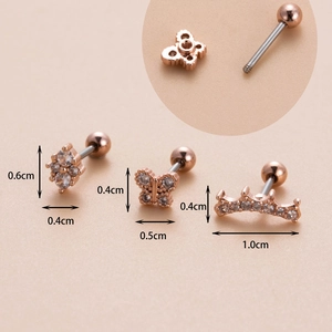 Detail showing rose gold stud earrings with dimensions and secure screw ball backs