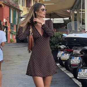 Coffee brown polka dot long sleeve V-neck mini dress with matching headband for autumn