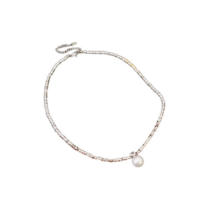 Elegant silver faceted bead necklace featuring a round white pearl pendant on white background