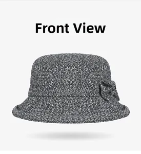 Front view of grey wool cloche hat for elderly women with decorative bow detail