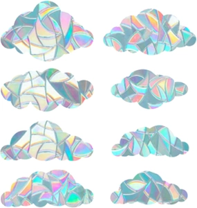 Detailed holographic rainbow cloud static window stickers showing geometric prism effect