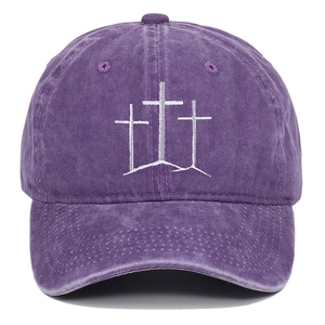 Vintage purple washed cotton baseball cap with white triple cross embroidery and visor