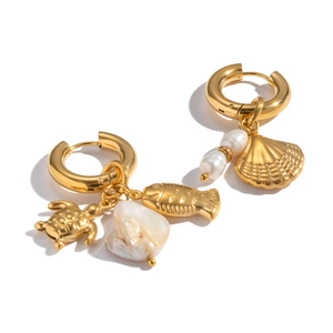 18K gold-plated ocean-themed hoop earrings with golden turtle, shell, and white pearl charms