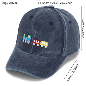 Kids washed denim baseball cap with cartoon train embroidery and size specifications