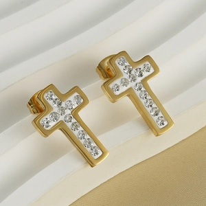 Cross Stud Earrings 18K Gold Plated Stainless Steel With Rhinestone Sparkling Fashion Jewelry For Women