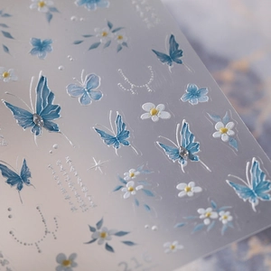 5D embossed butterfly nail art stickers with blue watercolor floral and pearl designs