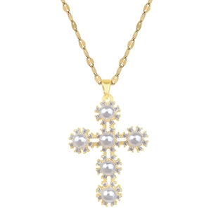 Elegant gold titanium cross necklace with pearls and rhinestones on a white background