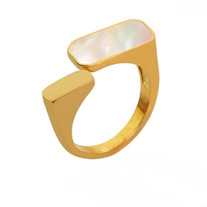 Ins Style Retro Stainless Steel Open Ring For Women 18K Gold Plated Geometric Shell Inlay Adjustable Finger Ring Jewelry