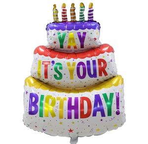 Detailed view of 3-layer cake foil balloon with colorful candles and YAY BIRTHDAY text