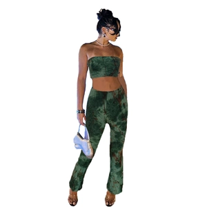 Set estivo da donna 2 pezzi con top a fascia tie-dye verde scuro e pantaloni lunghi abbinati