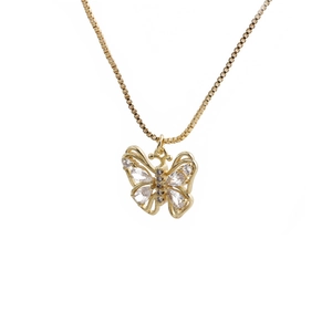 Minimalist gold butterfly pendant necklace with clear zircon stones on a box chain