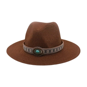 Chapeau de soleil fedora en paille style français avec ruban ethnique et turquoise