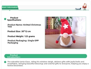 Detailed view of handmade knitted Christmas gnome with dimensions 30x12cm and weight 125g