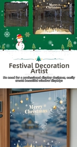 Detail of snowflake Christmas window decals with Merry Christmas lettering and forest silhouette