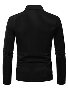 Detail view of the vertical ribbed texture on the back of this black long sleeve polo shirt