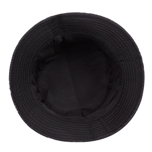 Detail view of the durable stitching and interior finish of a black bucket sun hat