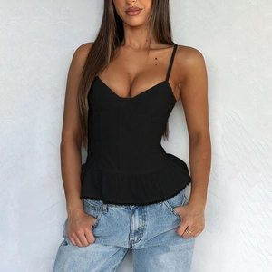 Sexy black peplum corset top with thin straps and slimming waist design for women