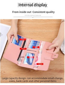 Macro detail of pink leather wallet featuring multi-card slots and a clear ID window
