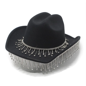 Detailed close-up of a black felt cowboy hat featuring shimmering silver rhinestone fringe