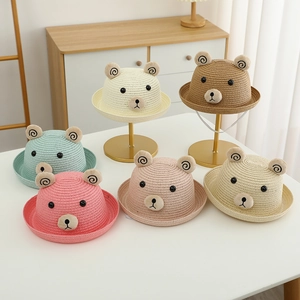 Détails de chapeaux de paille pour enfants avec oreilles d'ours 3D en six coloris pastel