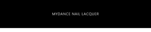 Detailed close-up of MYDANCE brand nail lacquer logo and text on sleek black surface