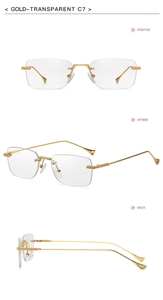 Three-angle view of rimless gold sunglasses with transparent square lenses and textured temples