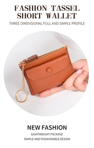 Close-up of brown PU leather mini wallet featuring metal chain ring and tassel details
