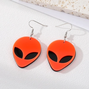 Vibrant orange alien skull acrylic earrings with silver hooks for Halloween costume