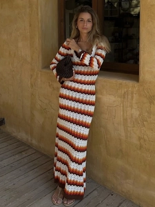 Vestido Largo De Punto De Ganchillo Rayas Chevron Bloque De Color Manga Larga Cuello Redondo Estilo Bohemio Mujeres