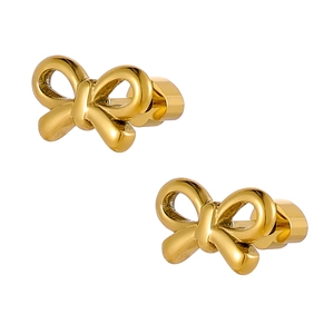 Elegant gold-plated bow-shaped stainless steel stud earrings set on a white background
