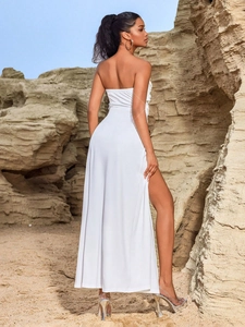 Elegant white strapless high-slit maxi dress for evening party and vacation wear